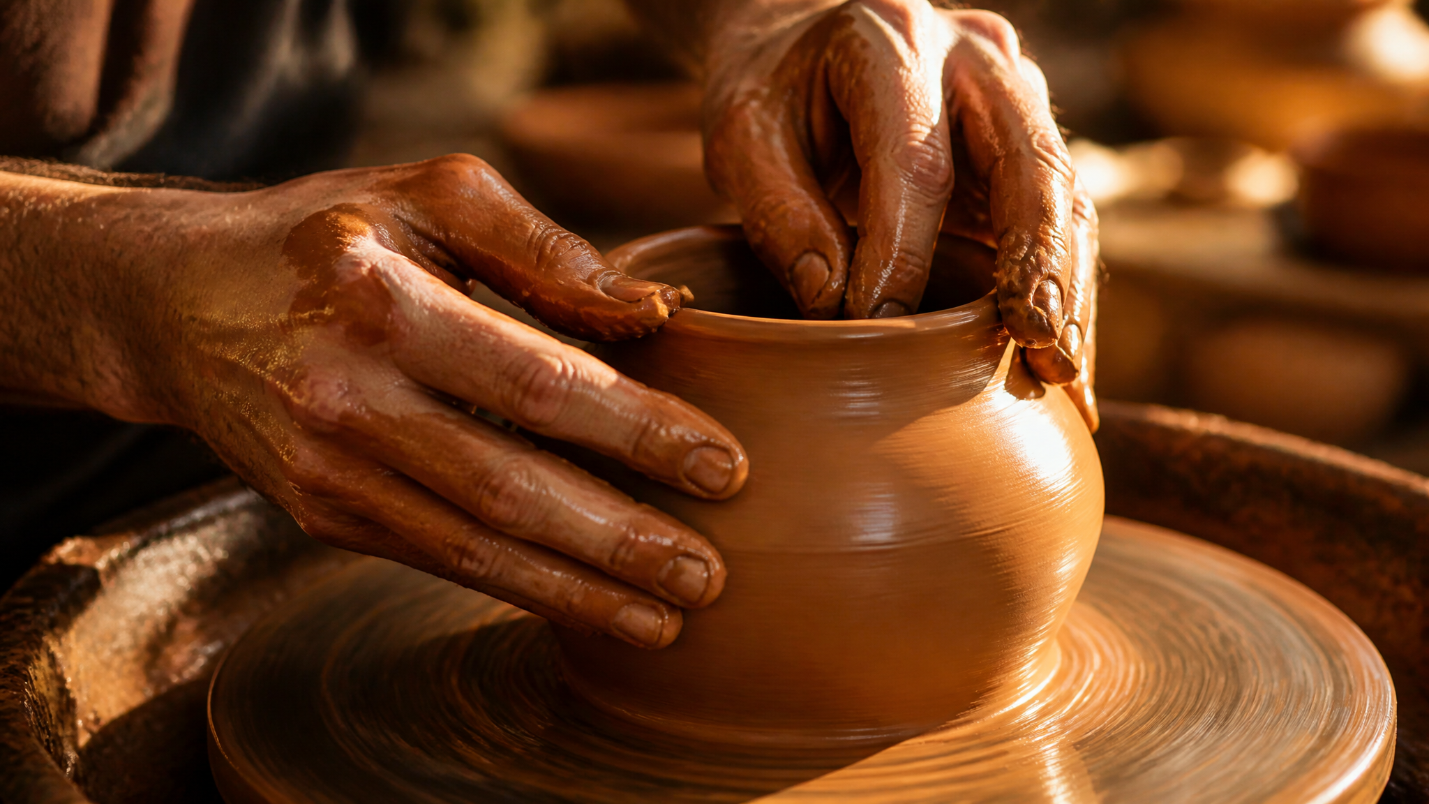 Hands skillfully shaping clay on a pottery wheel in warm golden lighting