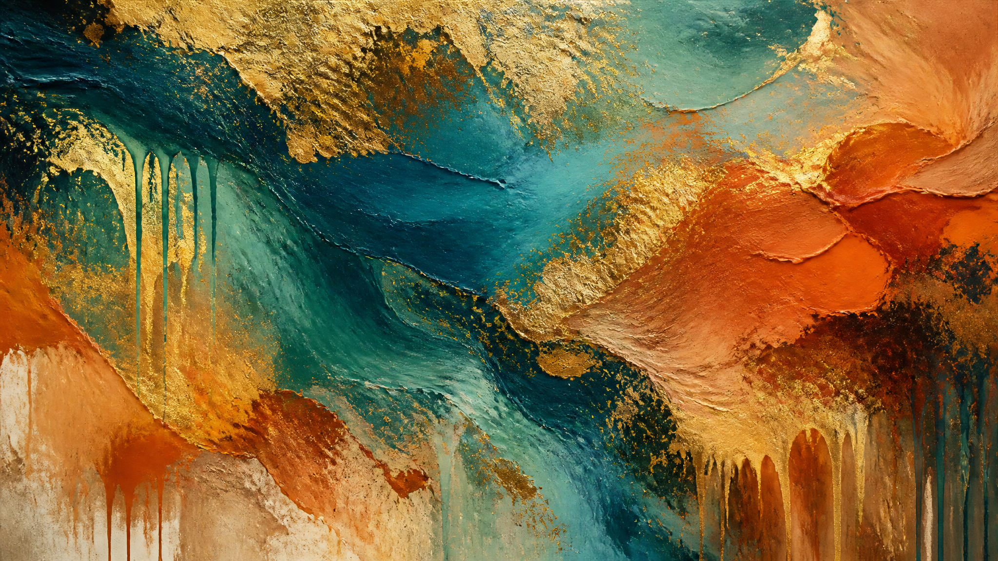 Abstract artistic background with flowing teal, terracotta and gold paint strokes
