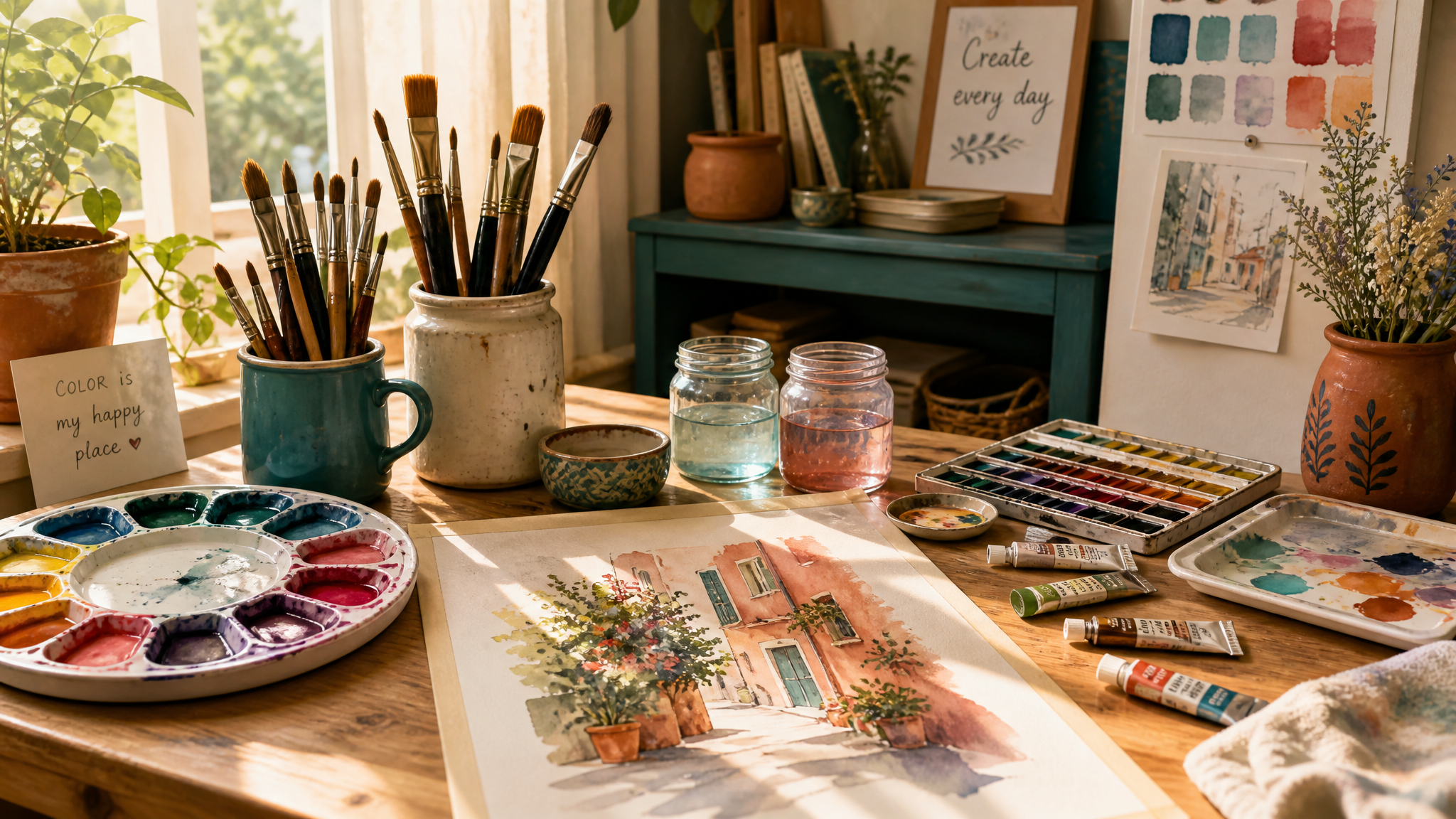 Watercolor painting workspace with brushes and colorful paint palettes in warm light